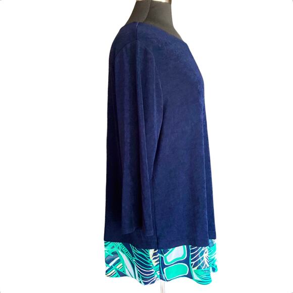Chico's Travelers Collection Navy Slinky Knit Top Classic Palm Chiffon Trim XL - Picture 3 of 8